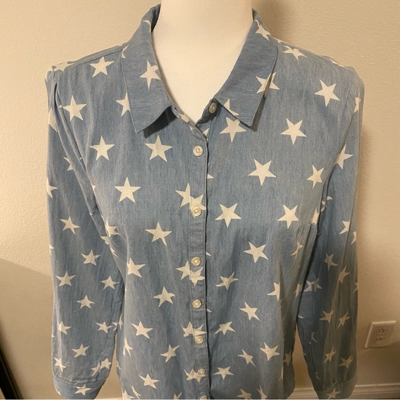 ModCloth Blue Cotton Chambray Star Print Long-Sleeve Button Shirt - Picture 3 of 15